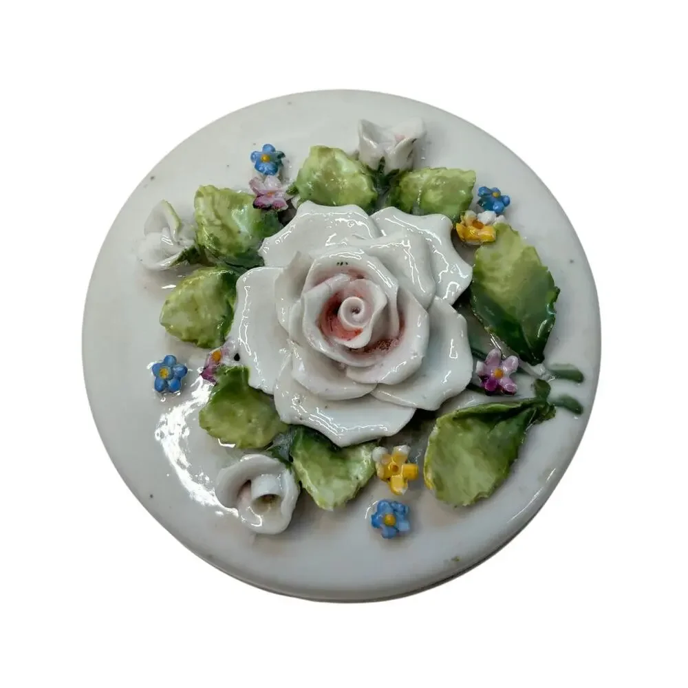 AS IS Porcelain Lidded Trinket Dish German Lusterware Applied Roses Powder Box